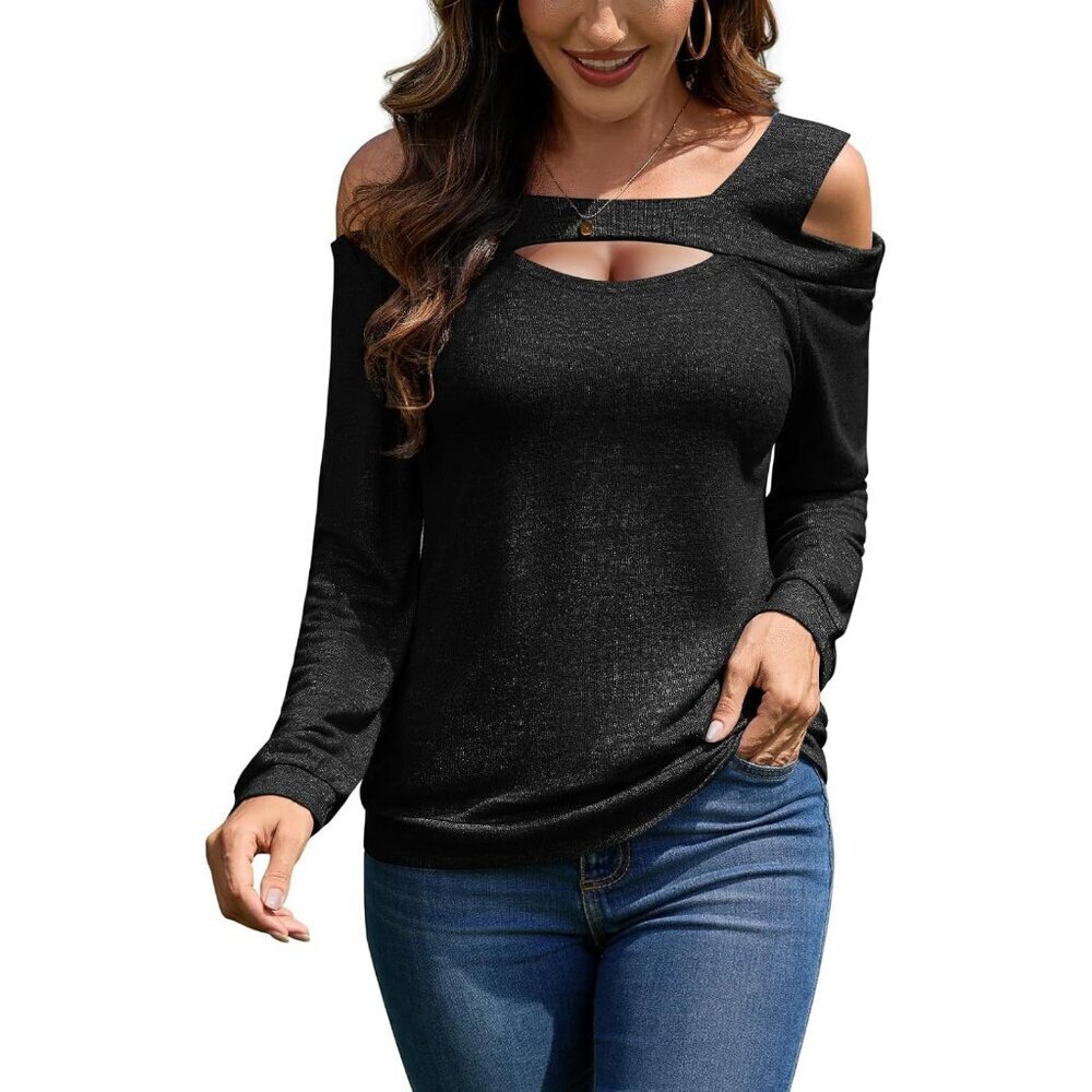 Womens Cold Shoulder Top V Neck Long Sleeve Blouse Casual Off Shoulder Top